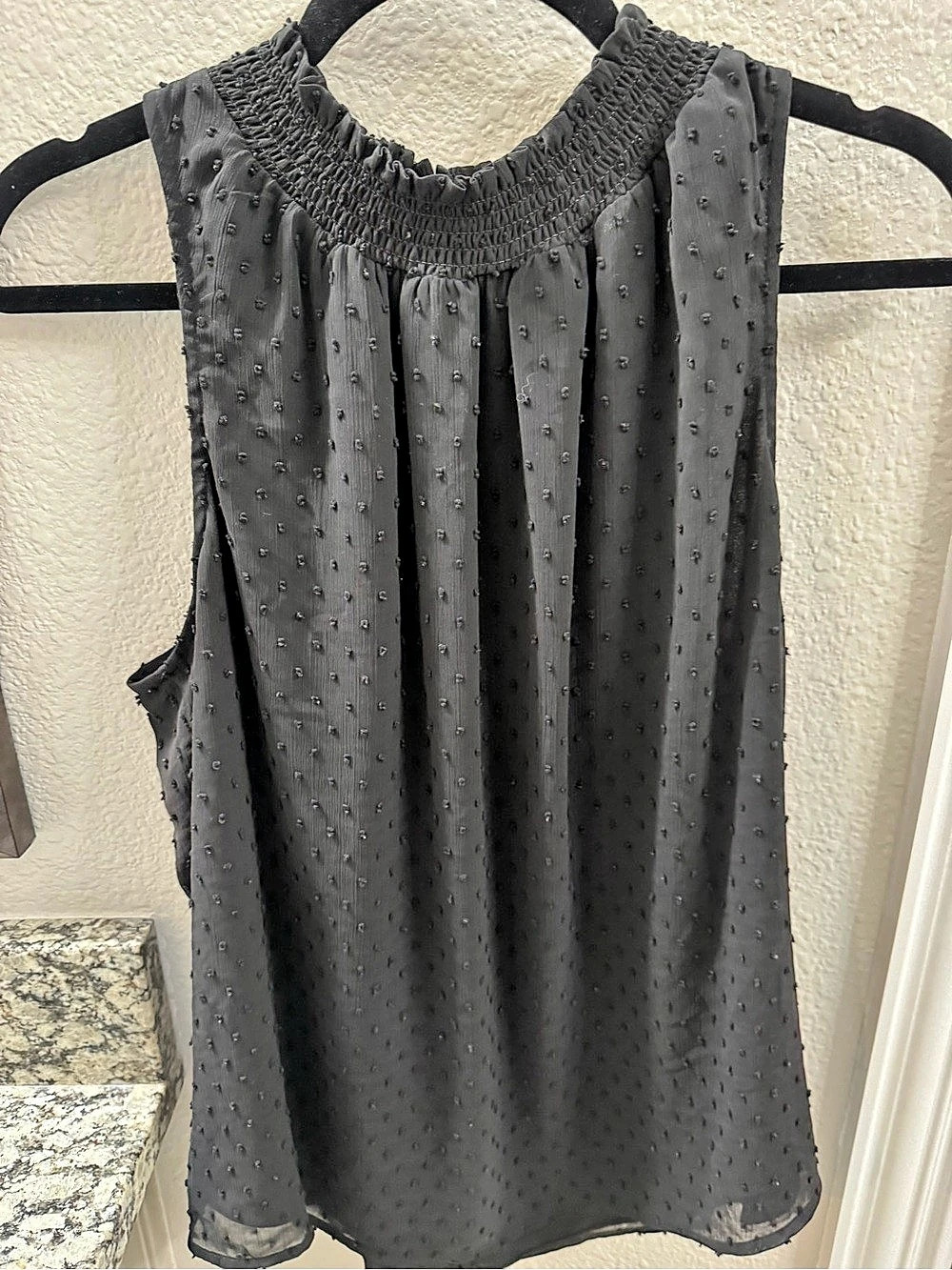 Daniel Rainn Black Swiss Dot Smocked High Neck Sleeveless Blouse Size M